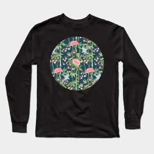 Bamboo, Birds and Blossom - dark teal Long Sleeve T-Shirt